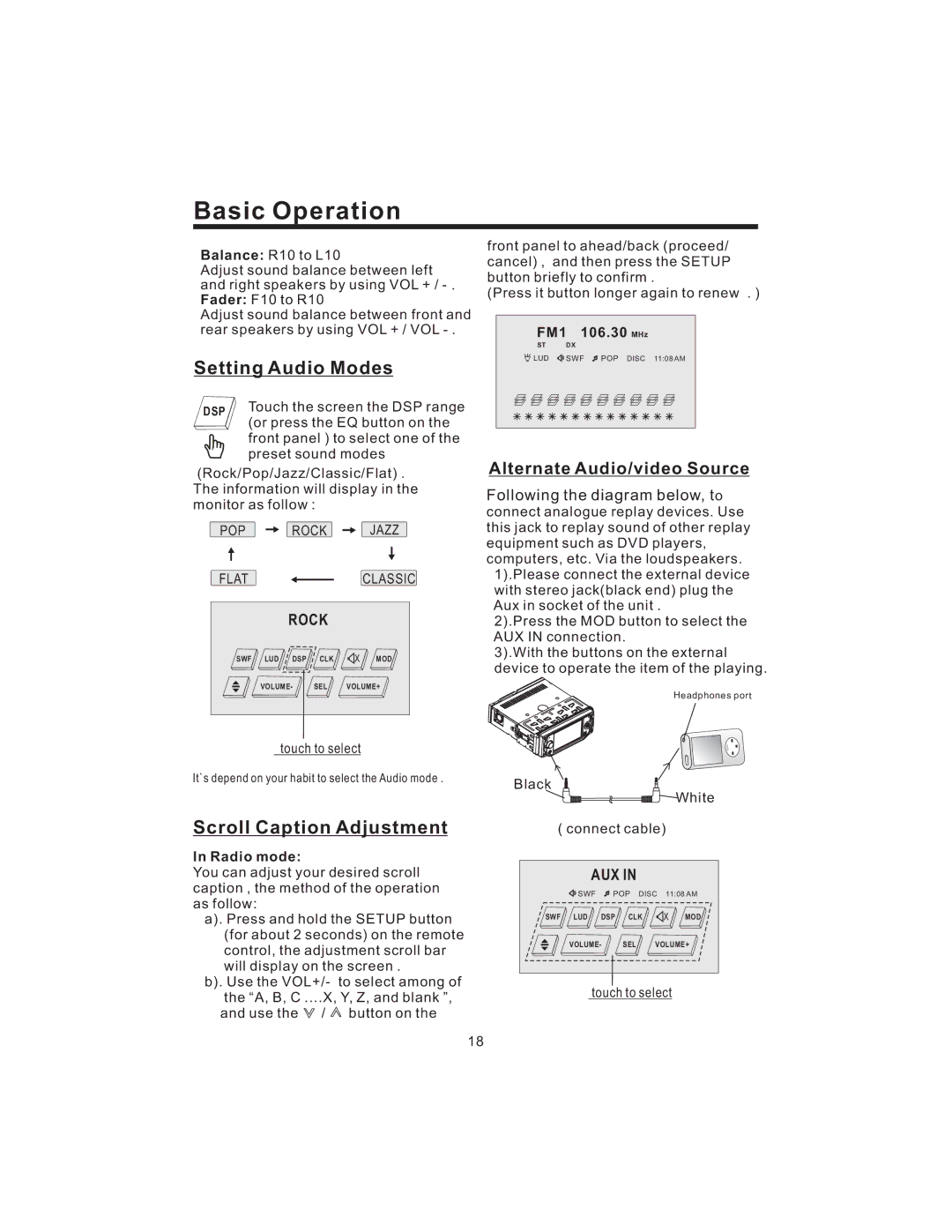 PYLE Audio PLD43MU owner manual Setting Audio Modes, Scroll Caption Adjustment, Alternate Audio/video Source, Rock, Aux 