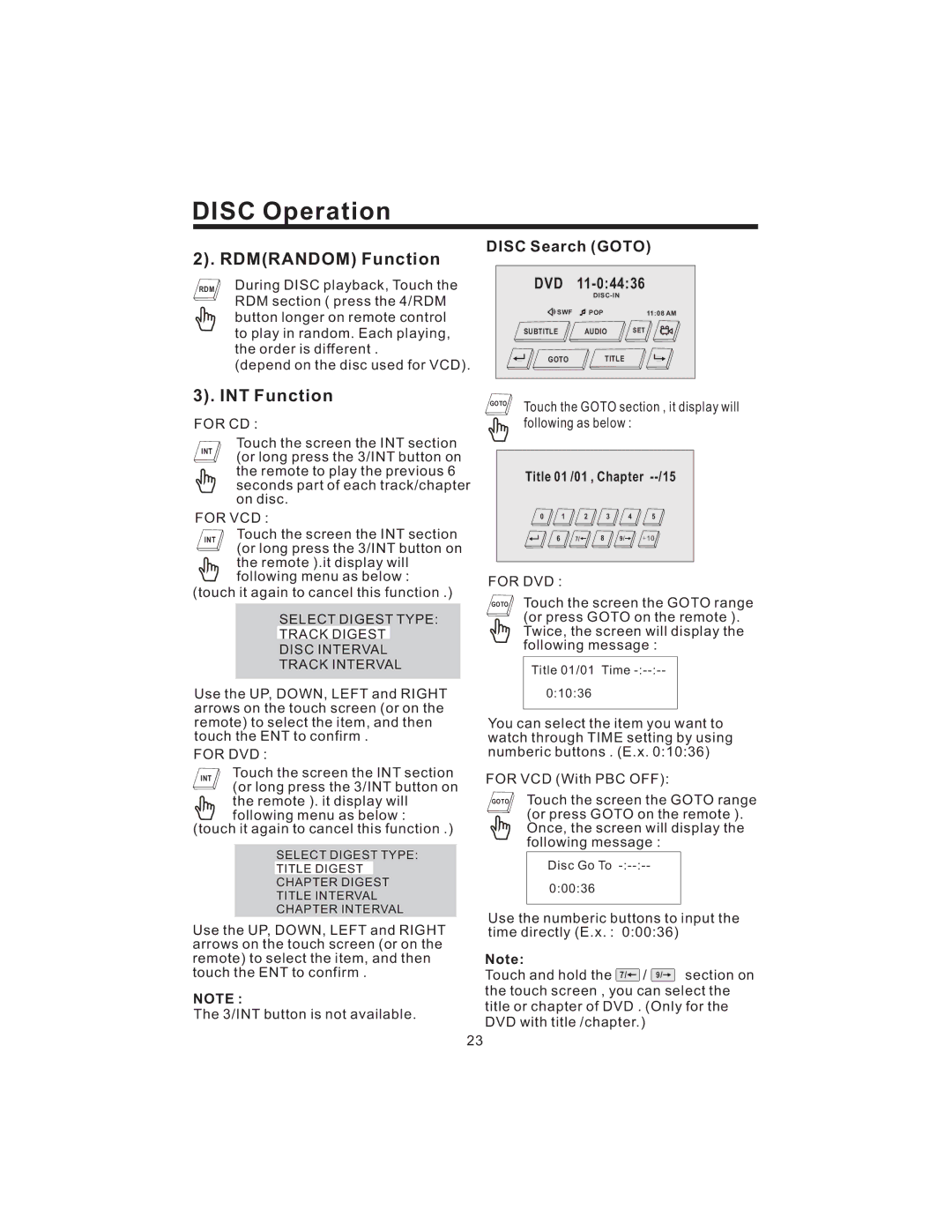 PYLE Audio PLD43MU owner manual Rdmrandom Function, INT Function, Disc Search Goto, Title 01 /01 , Chapter --/15 