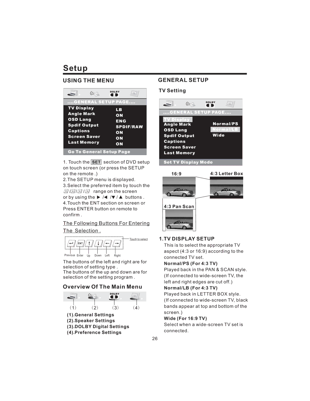 PYLE Audio PLD43MU owner manual Overview Of The Main Menu, TV Setting, TV Display Setup 