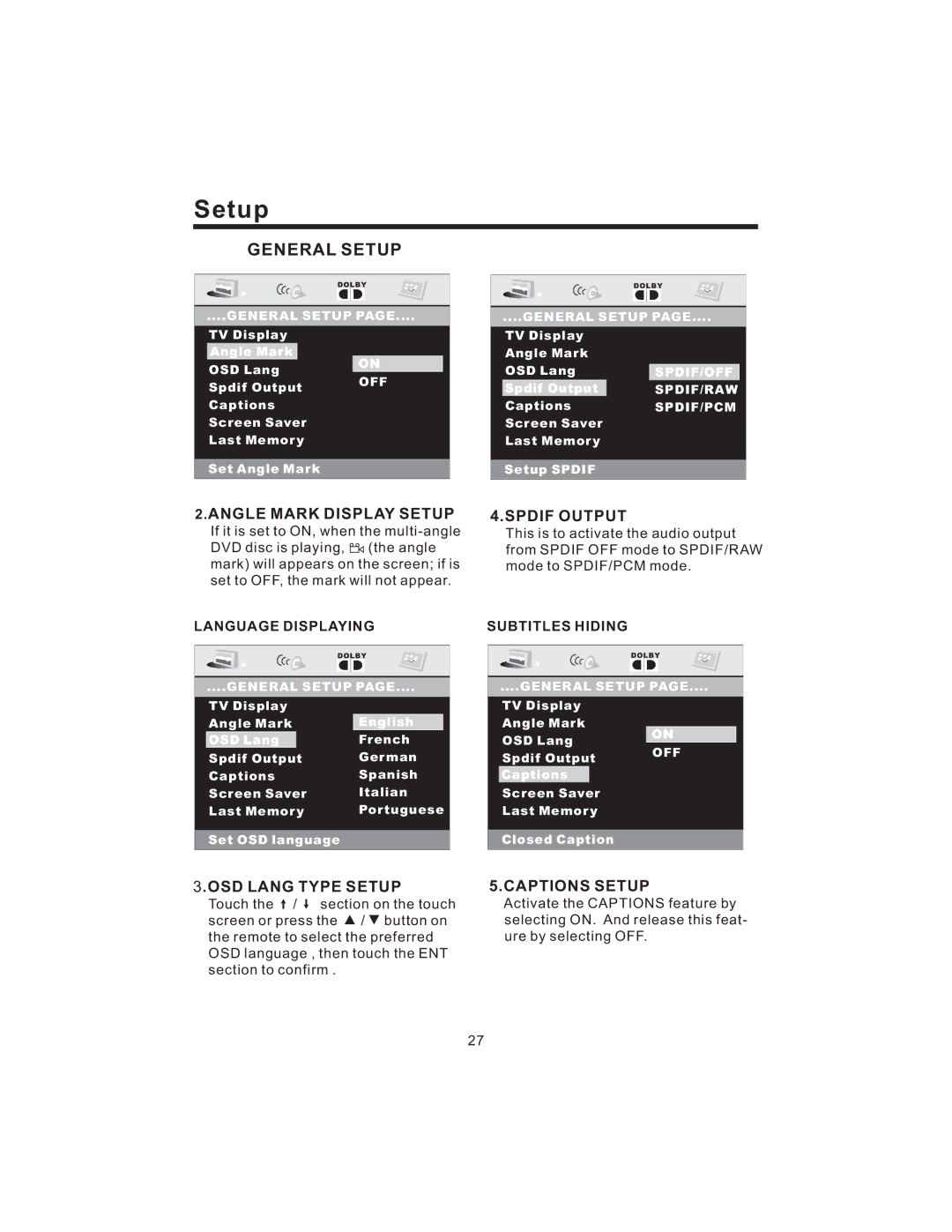 PYLE Audio PLD43MU owner manual Angle Mark Display Setup, OSD Lang Type Setup, Spdif Output, Captions Setup 