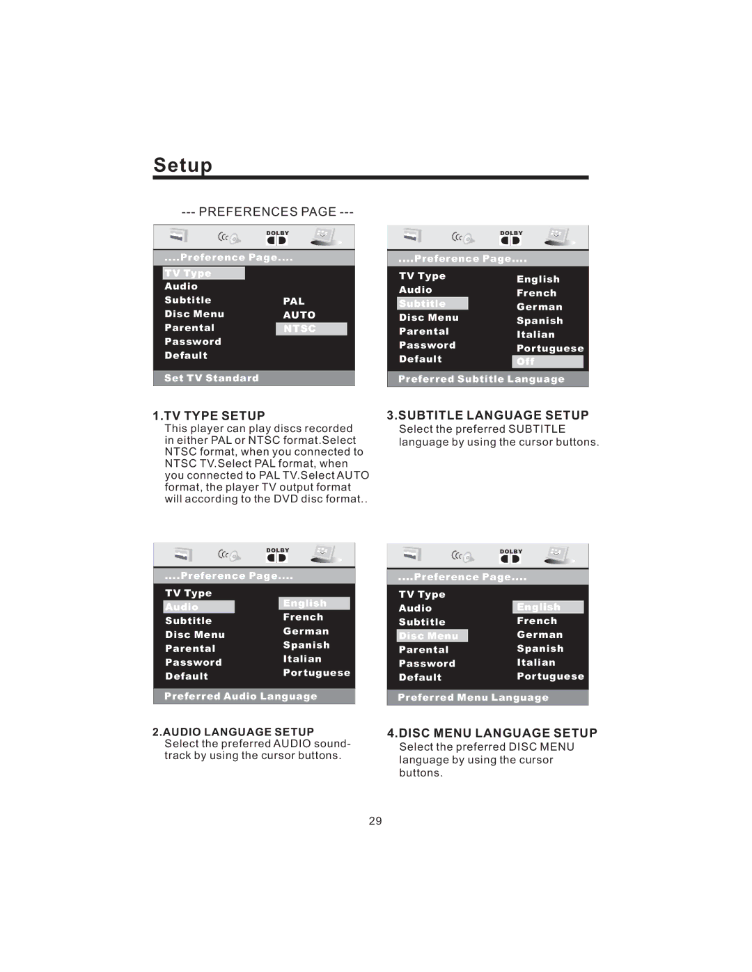 PYLE Audio PLD43MU owner manual TV Type Setup, Subtitle Language Setup, Disc Menu Language Setup 