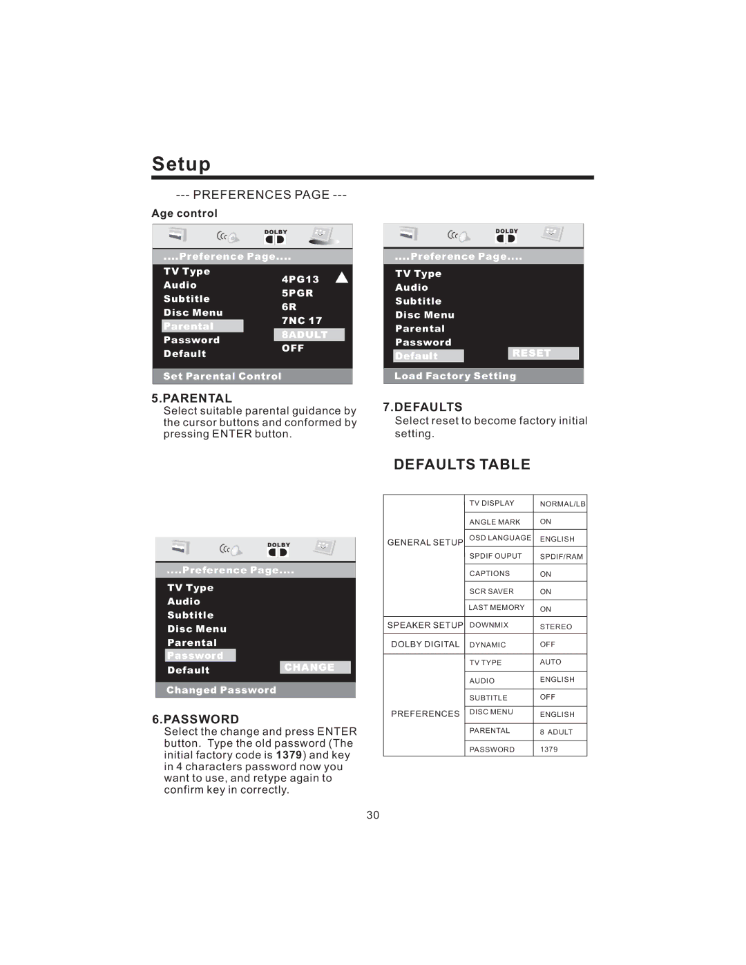 PYLE Audio PLD43MU owner manual Parental, Defaults, Password, Age control 