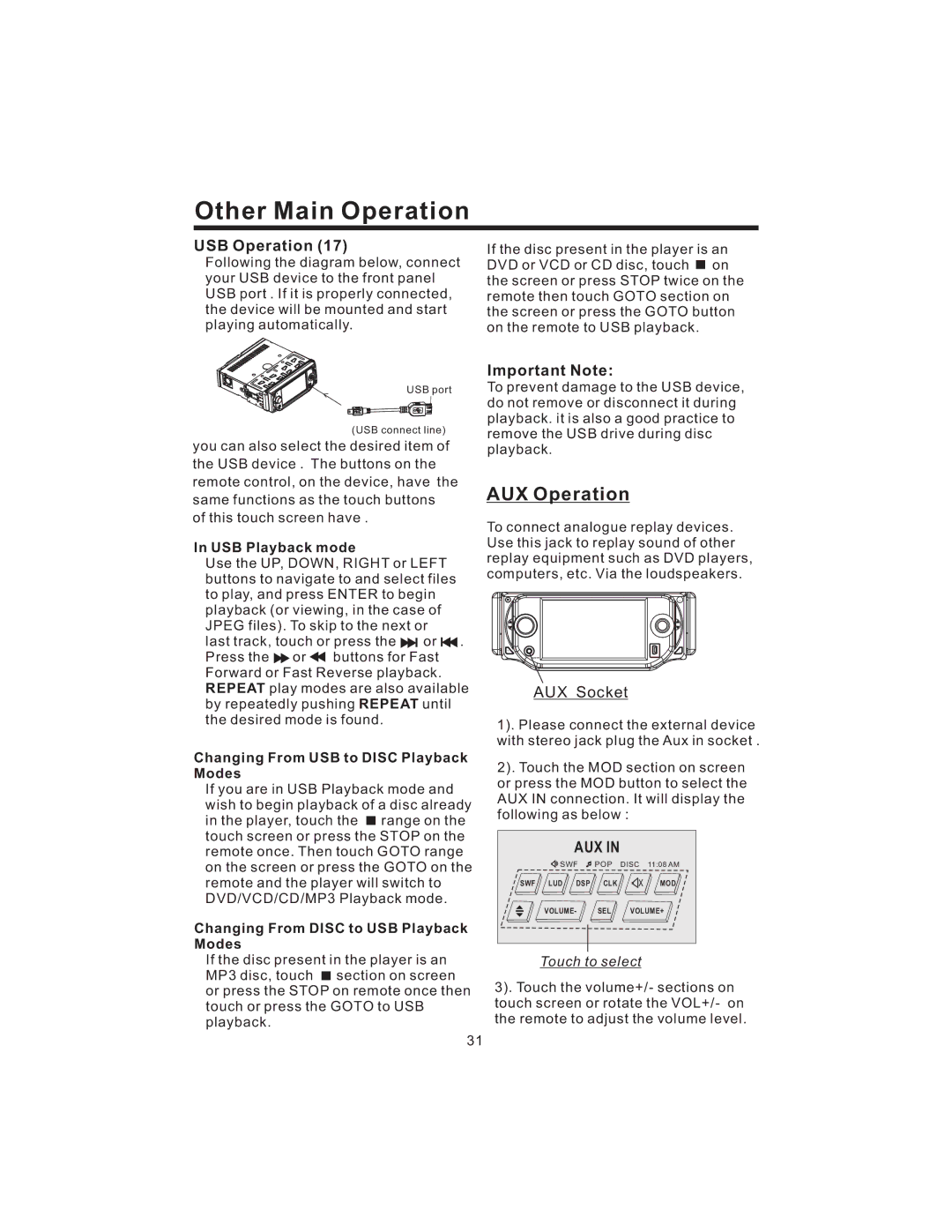 PYLE Audio PLD43MU owner manual Other Main Operation, AUX Operation, USB Operation, Important Note 