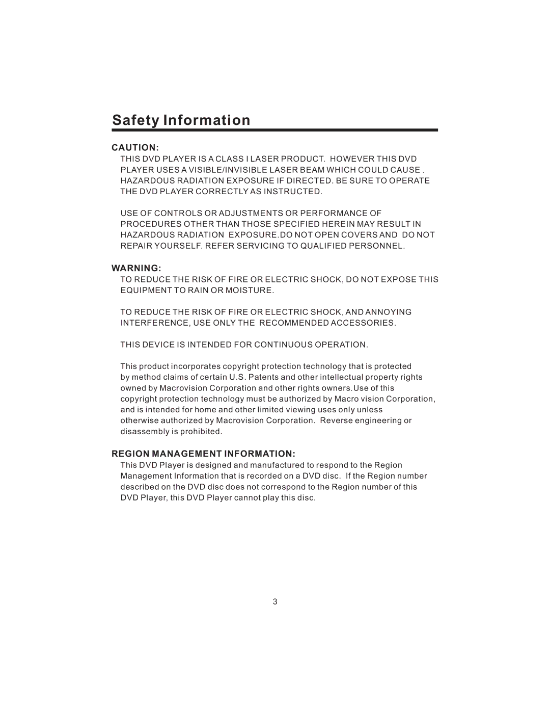 PYLE Audio PLD43MU owner manual Safety Information, Region Management Information 