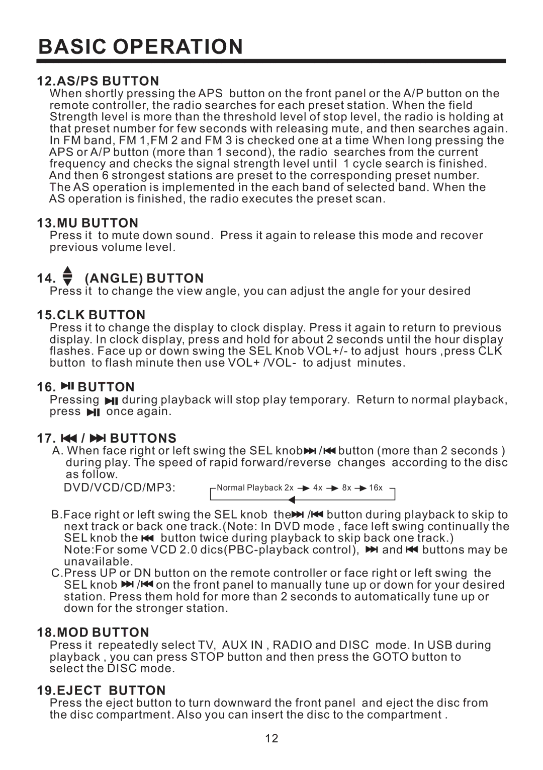 PYLE Audio PLD53MUT owner manual 12.AS/PS Button, MU Button, Angle Button, CLK Button, MOD Button, Eject Button 