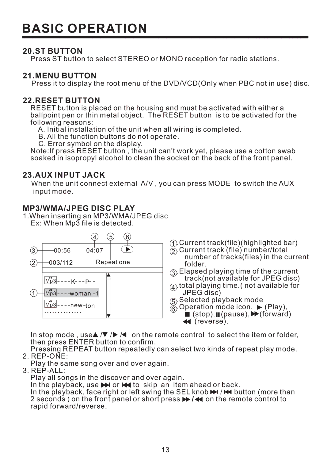 PYLE Audio PLD53MUT owner manual ST Button, Menu Button, Reset Button, AUX Input Jack, MP3/WMA/JPEG Disc Play 