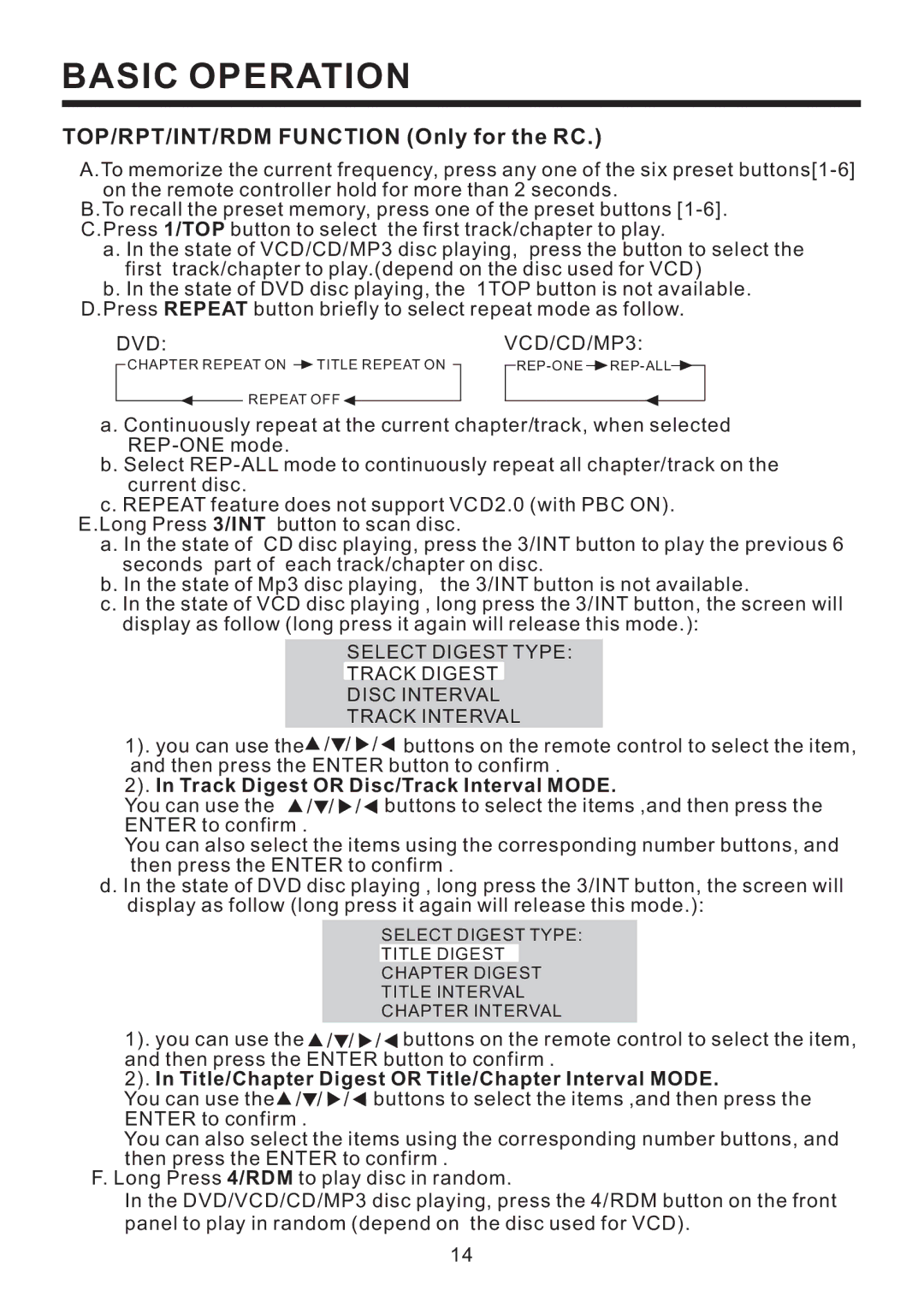 PYLE Audio PLD57MU owner manual TOP/RPT/INT/RDM Function Only for the RC, VCD/CD/MP3 