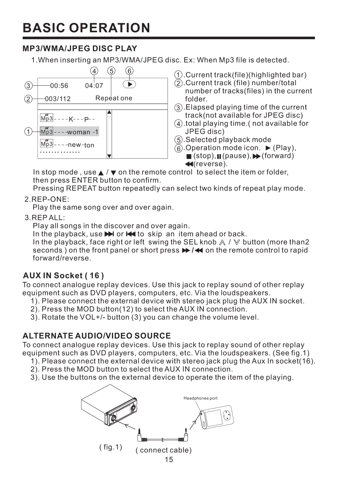 PYLE Audio PLD57MU owner manual MP3/WMA/JPEG Disc Play, AUX in Socket, Alternate AUDIO/VIDEO Source, Rep-One, Rep All 