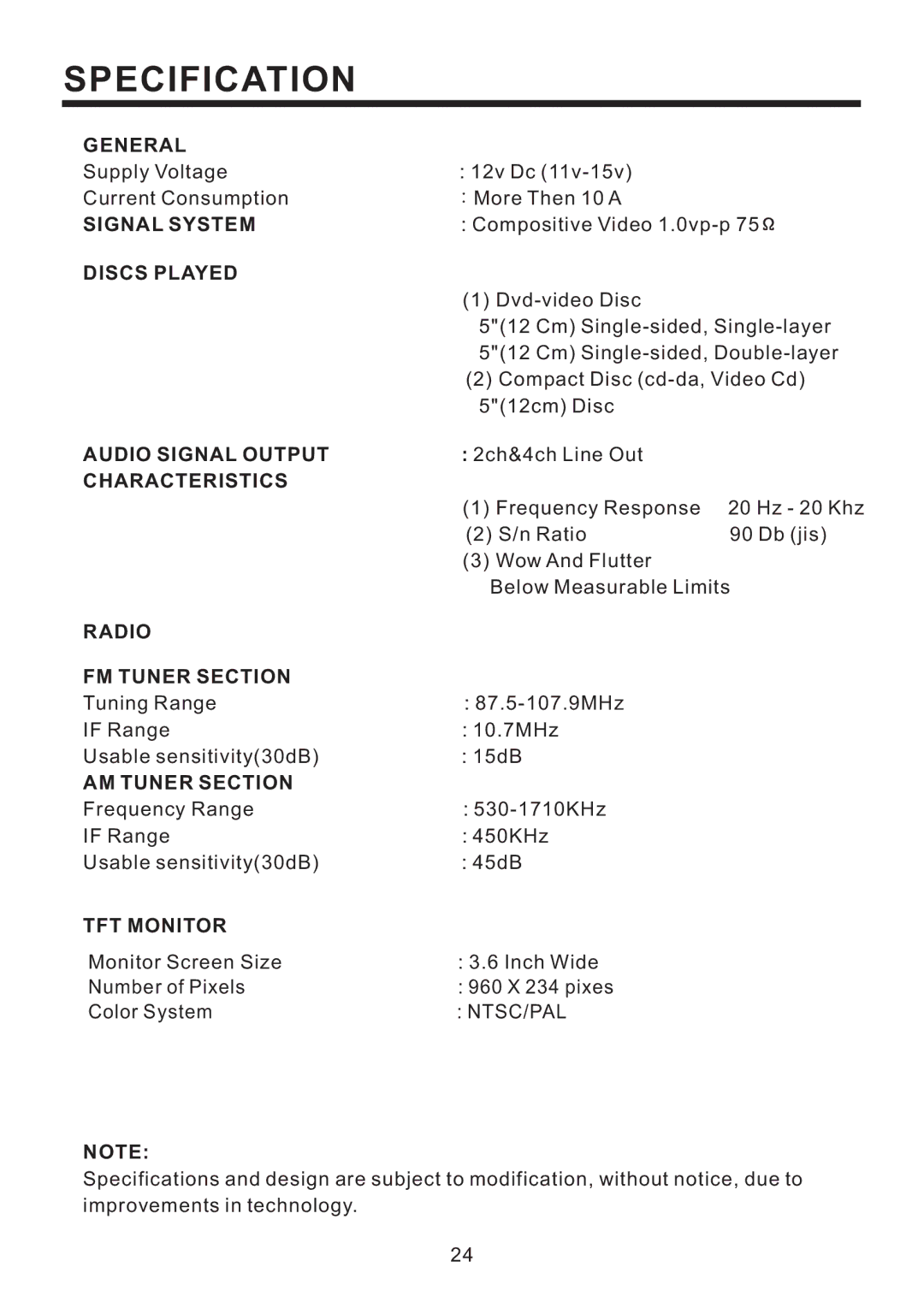 PYLE Audio PLD57MU owner manual Specification, Ntsc/Pal 