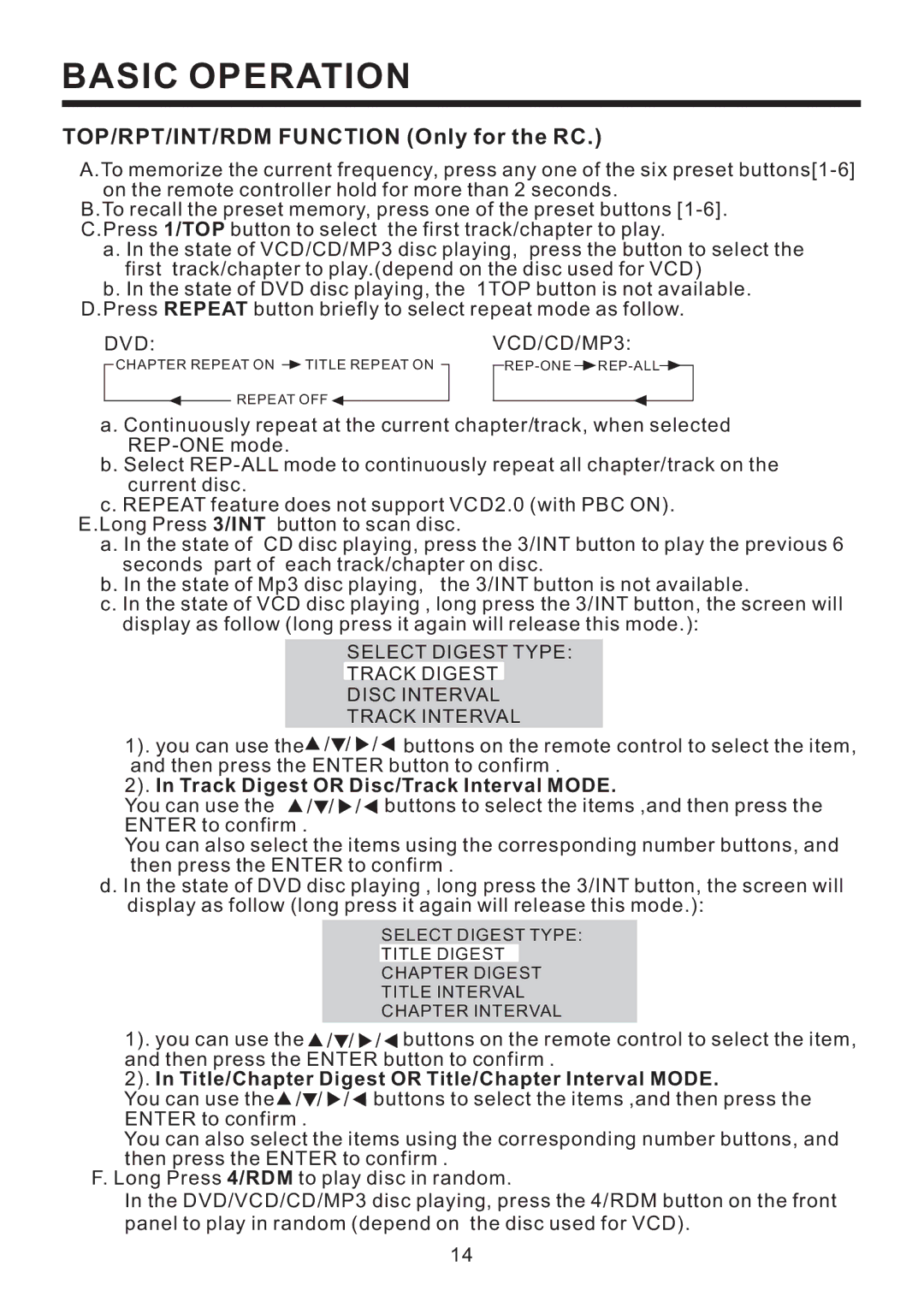 PYLE Audio PLD58MUT owner manual TOP/RPT/INT/RDM Function Only for the RC, VCD/CD/MP3 