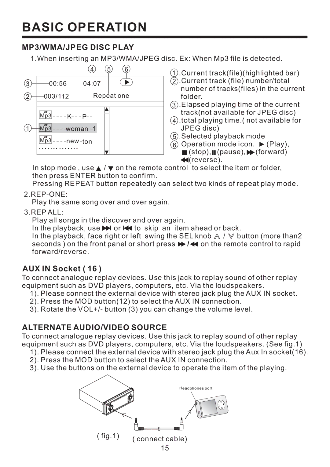 PYLE Audio PLD58MUT owner manual MP3/WMA/JPEG Disc Play, AUX in Socket, Alternate AUDIO/VIDEO Source, Rep-One, Rep All 