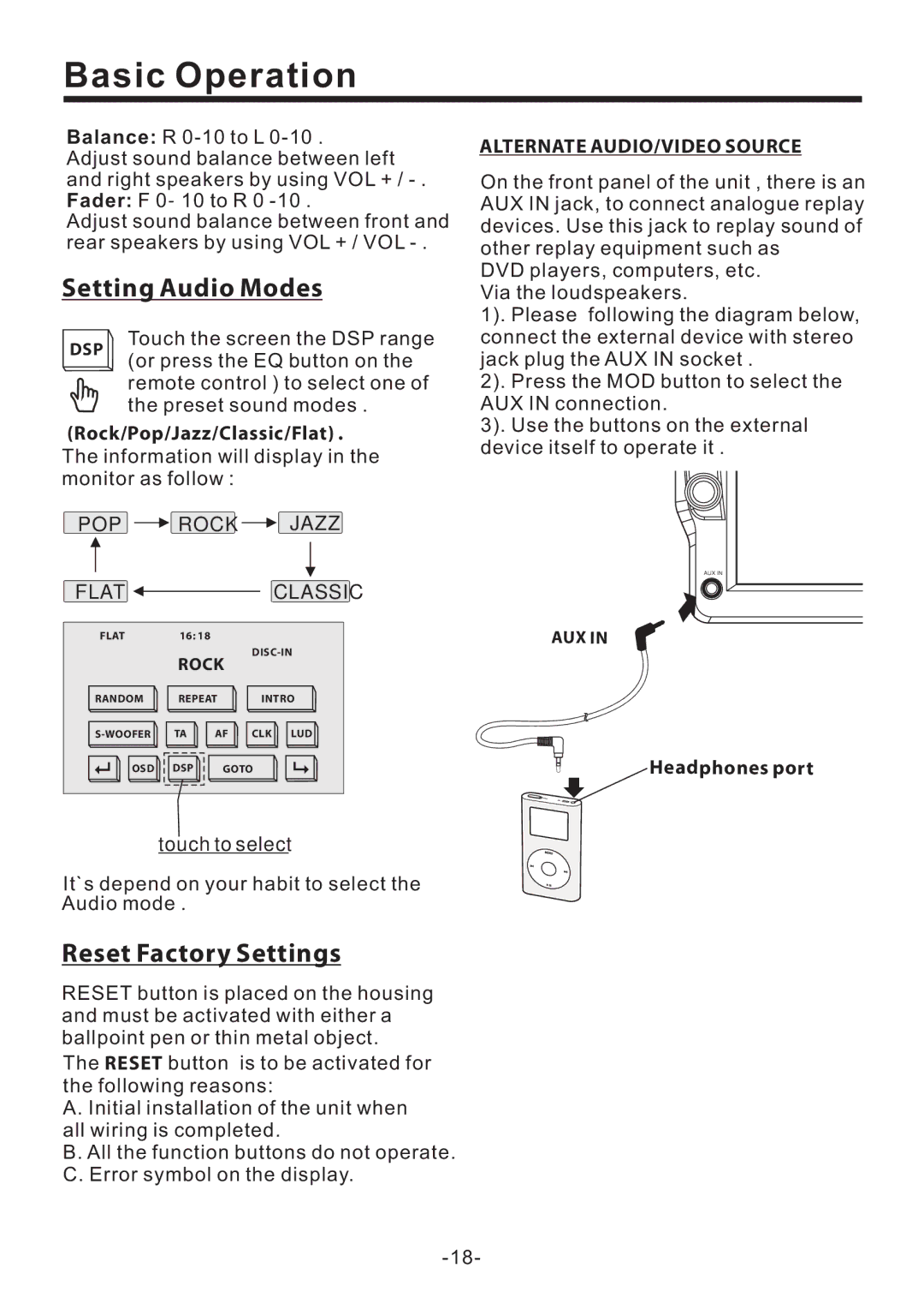 PYLE Audio PLD70BT Setting Audio Modes, Reset Factory Settings, Alternate AUDIO/VIDEO Source, POP Rock Jazz, Flat Classic 