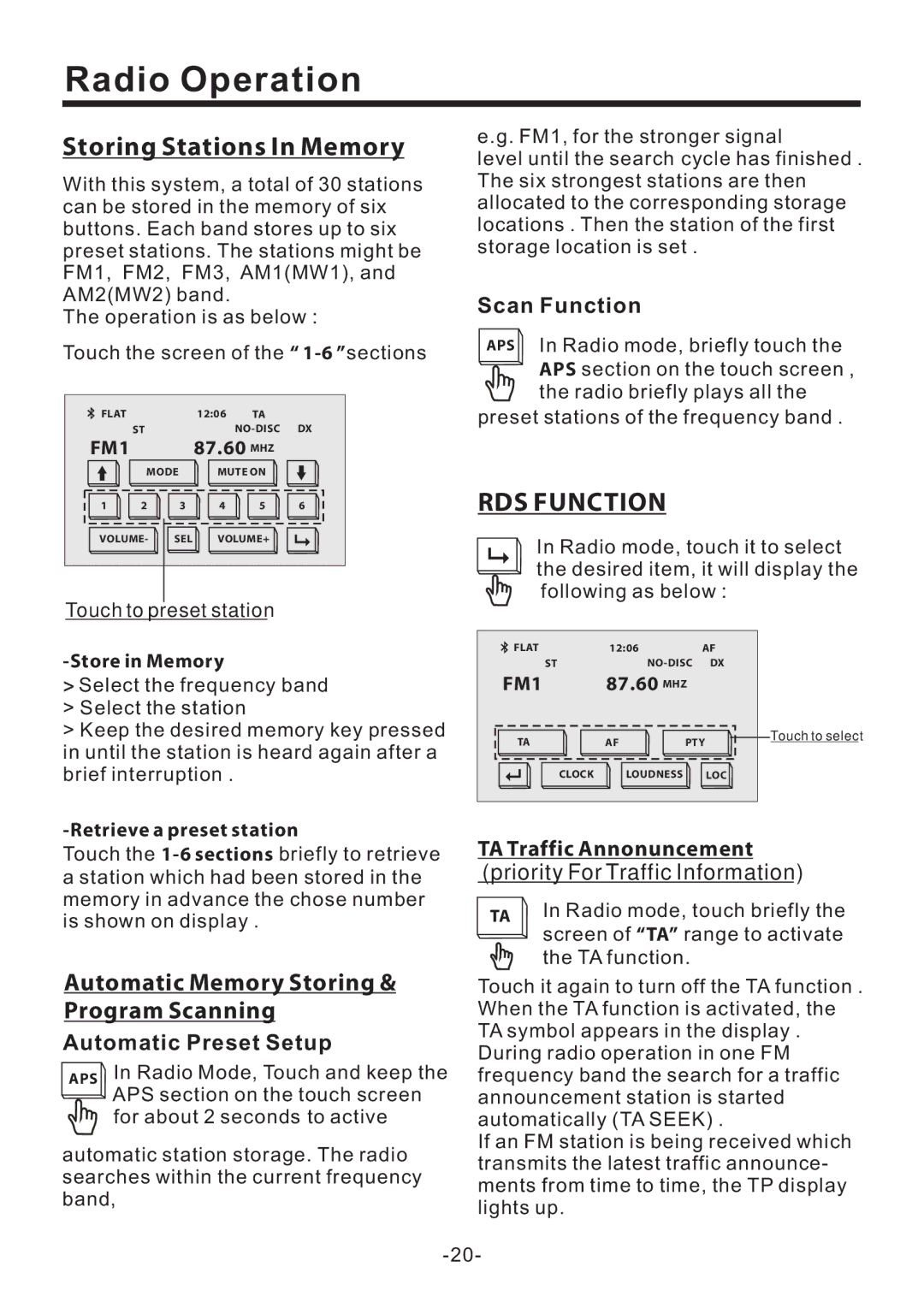 PYLE Audio PLD70BT owner manual Storing Stations In Memory, Scan Function, Automatic Preset Setup, TA Traffic Annonuncement 