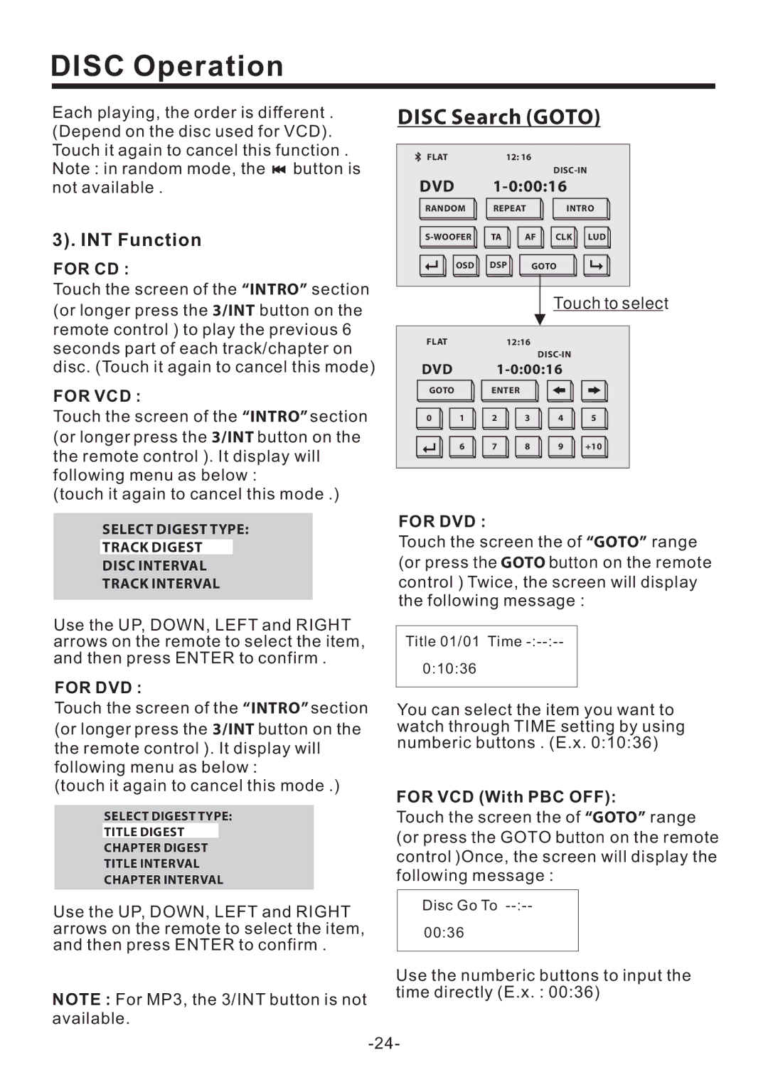 PYLE Audio PLD70BT owner manual Disc Search Goto, INT Function, For CD, For VCD With PBC OFF 