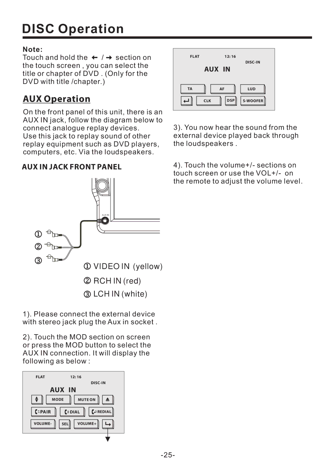 PYLE Audio PLD70BT owner manual AUX Operation, AUX in Jack Front Panel, Aux 