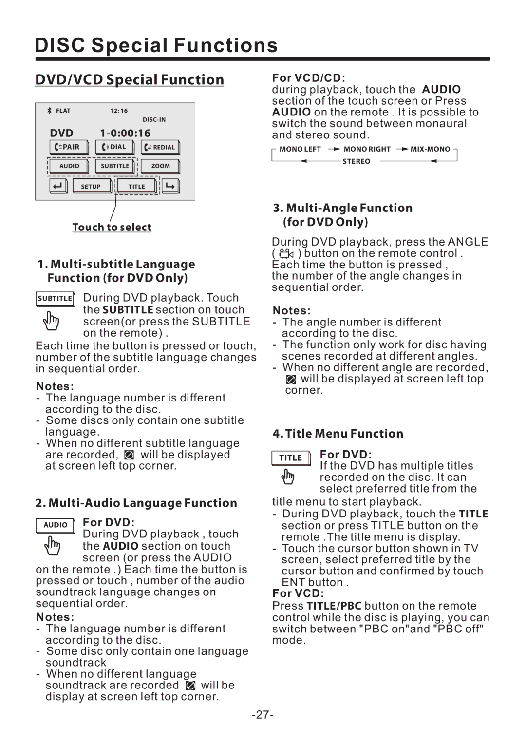 PYLE Audio PLD70BT owner manual Disc Special Functions, DVD/VCD Special Function 