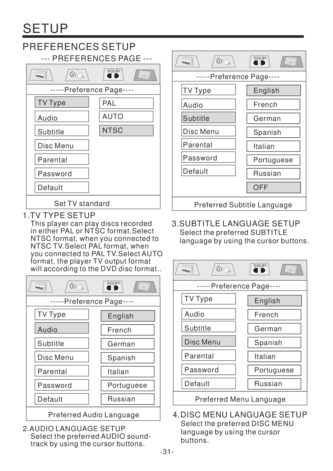 PYLE Audio PLD70BT owner manual TV Type Setup, Subtitle Language Setup, Disc Menu Language Setup 