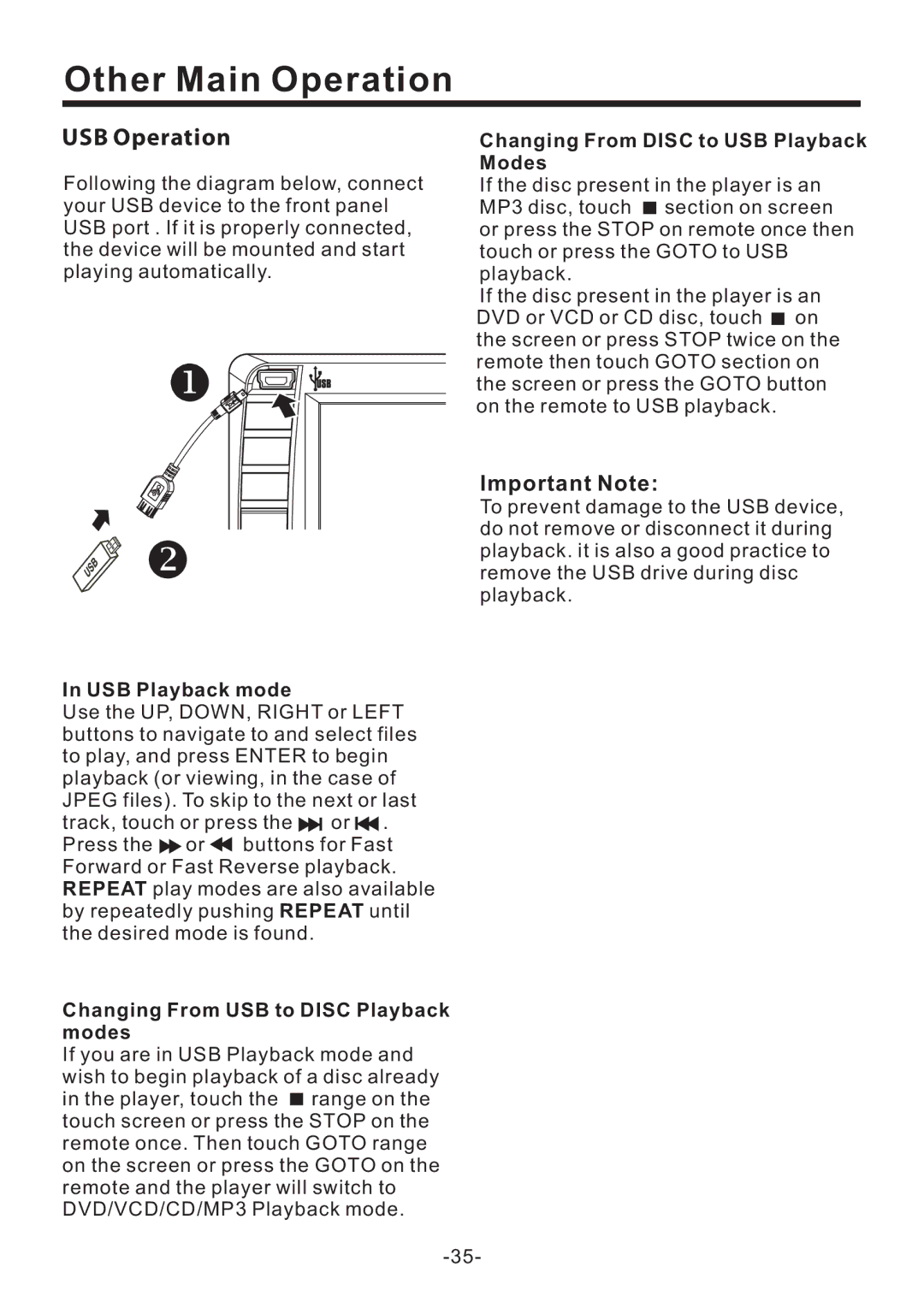 PYLE Audio PLD70BT Other Main Operation, Important Note, Changing From Disc to USB Playback Modes, USB Playback mode 