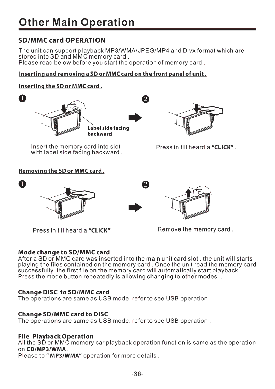 PYLE Audio PLD70BT owner manual Mode change to SD/MMC card, Change Disc to SD/MMC card, Change SD/MMC card to Disc 