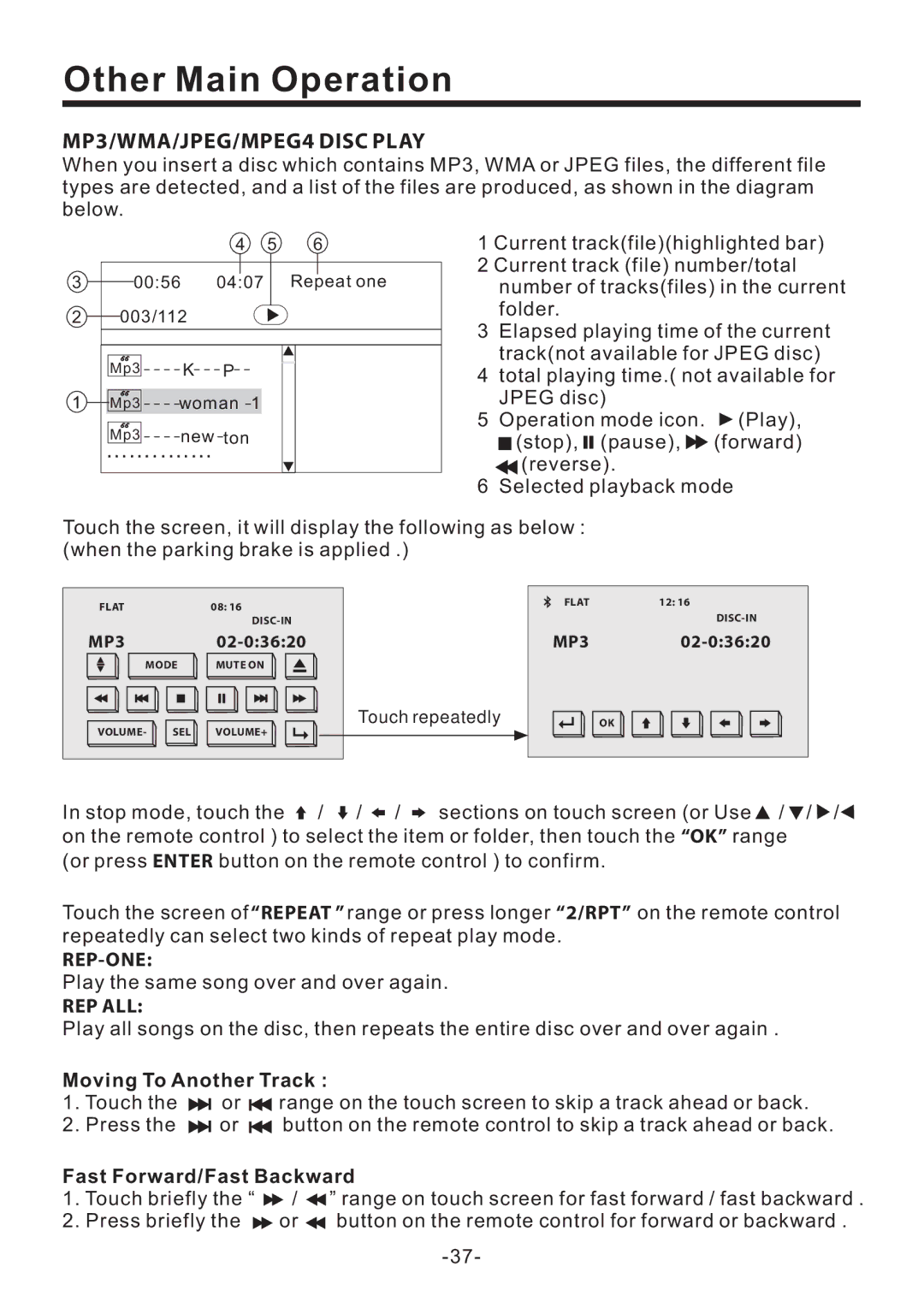 PYLE Audio PLD70BT MP3/WMA/JPEG/MPEG4 Disc Play, Rep-One, Rep All, Moving To Another Track, Fast Forward/Fast Backward 