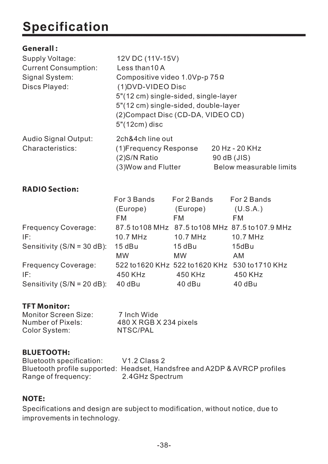 PYLE Audio PLD70BT owner manual Specification, Generall, Radio Section, TFT Monitor, Bluetooth 