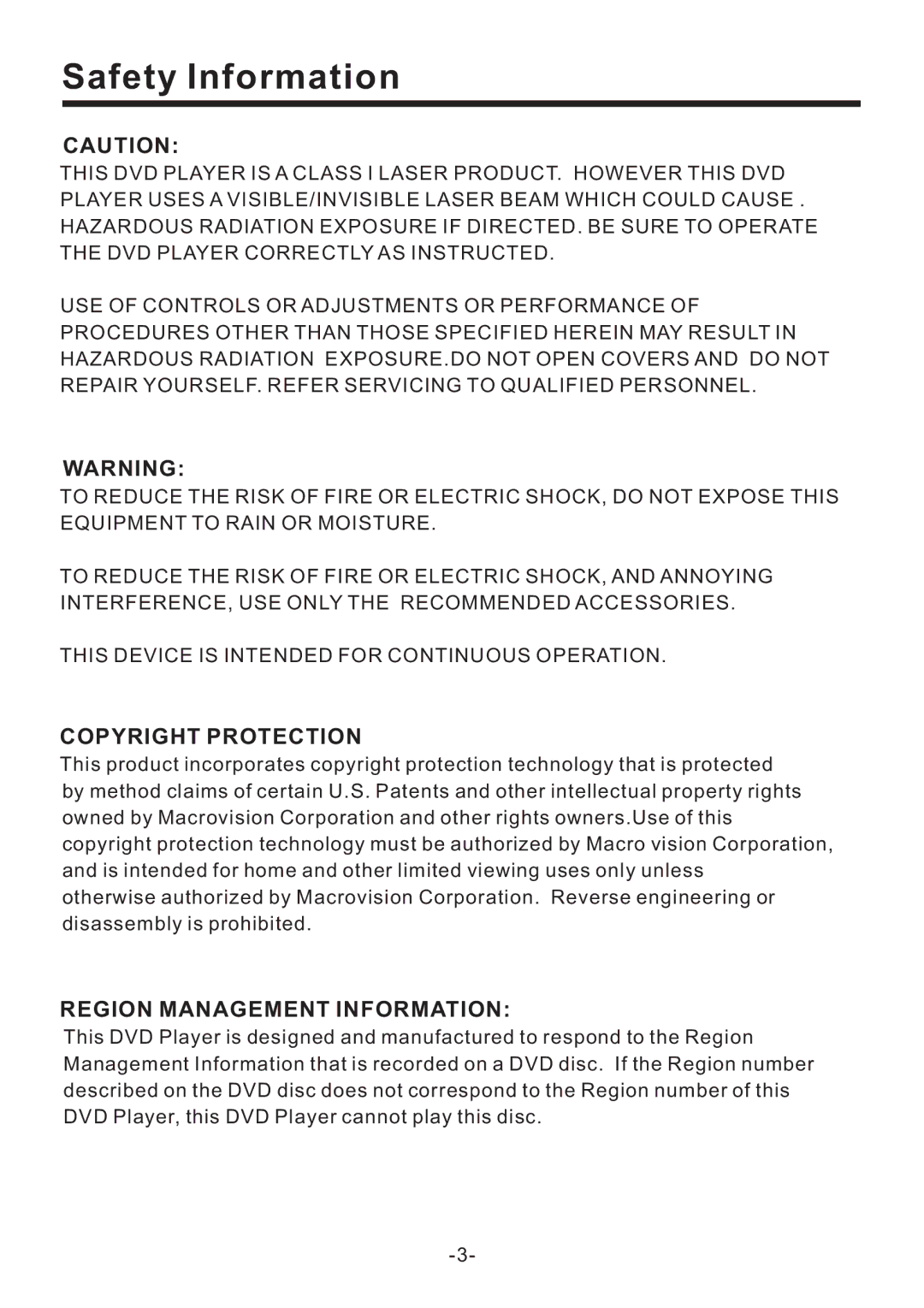 PYLE Audio PLD70BT owner manual Safety Information, Copyright Protection, Region Management Information 