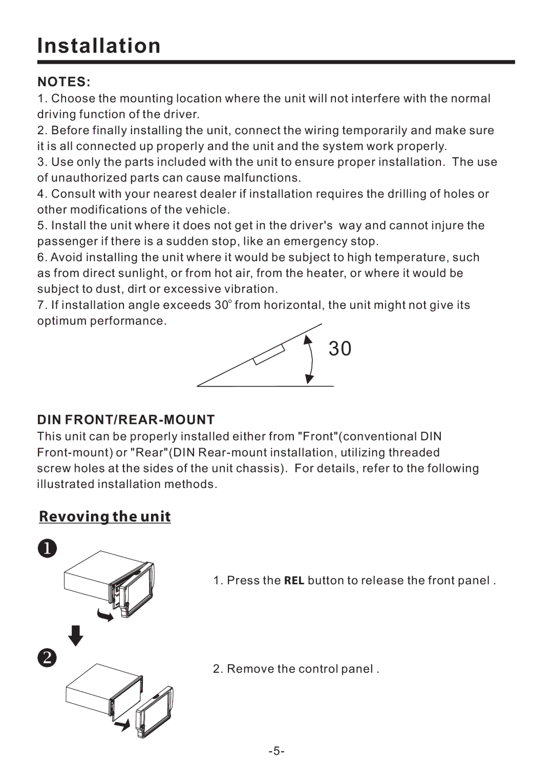 PYLE Audio PLD70BT owner manual Installation, Revoving the unit, Din Front/Rear-Mount 