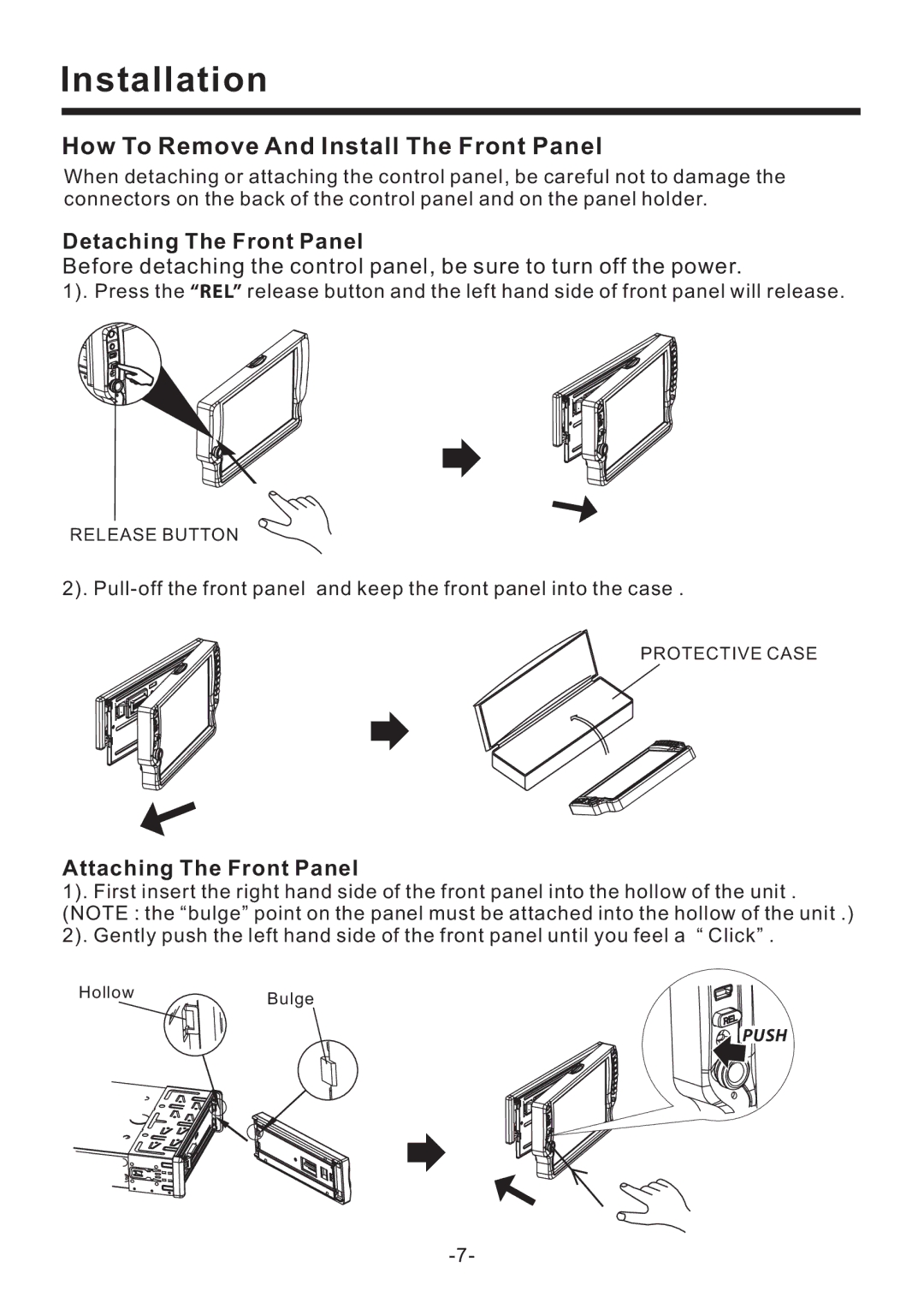 PYLE Audio PLD70BT owner manual Detaching The Front Panel, Attaching The Front Panel 