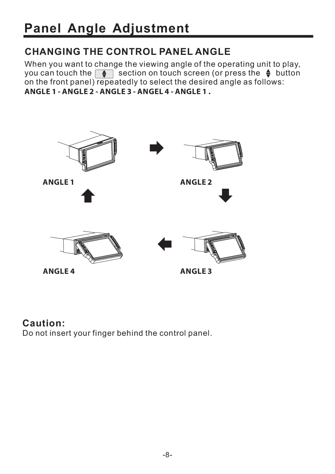 PYLE Audio PLD70BT owner manual Panel Angle Adjustment, Angle 1 Angle 2 Angle 3 Angel 4 Angle 