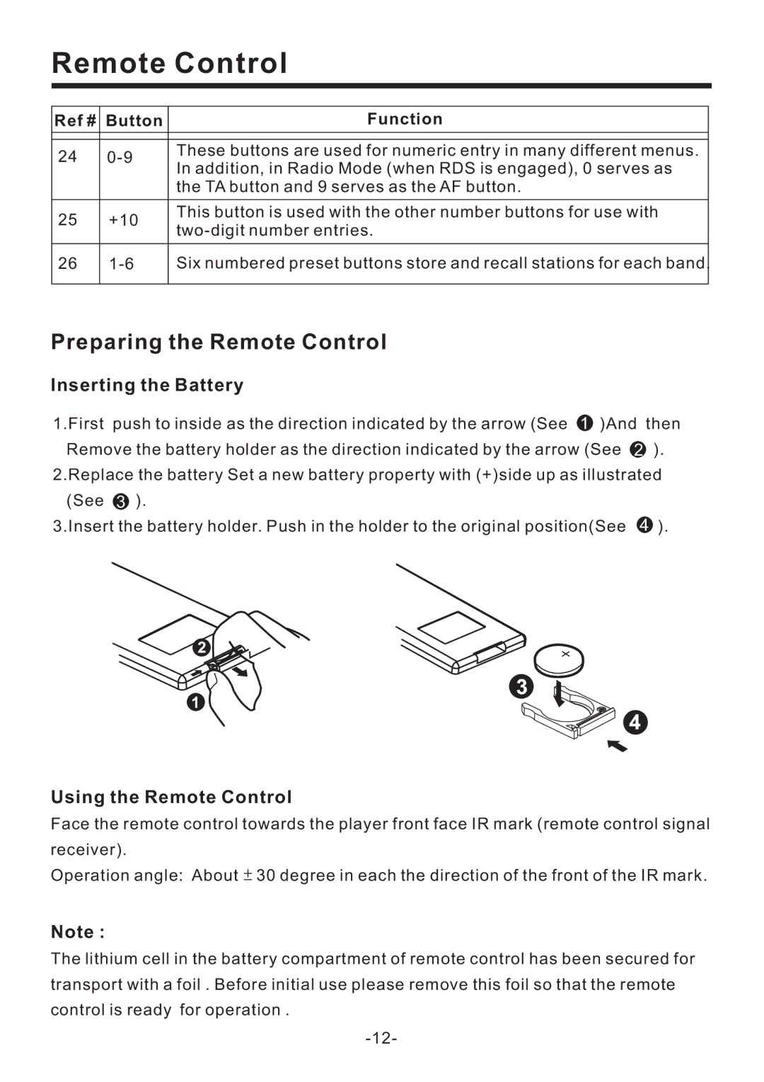 PYLE Audio PLD71MU manual Preparing the Remote Control, Inserting the Battery, Using the Remote Control 