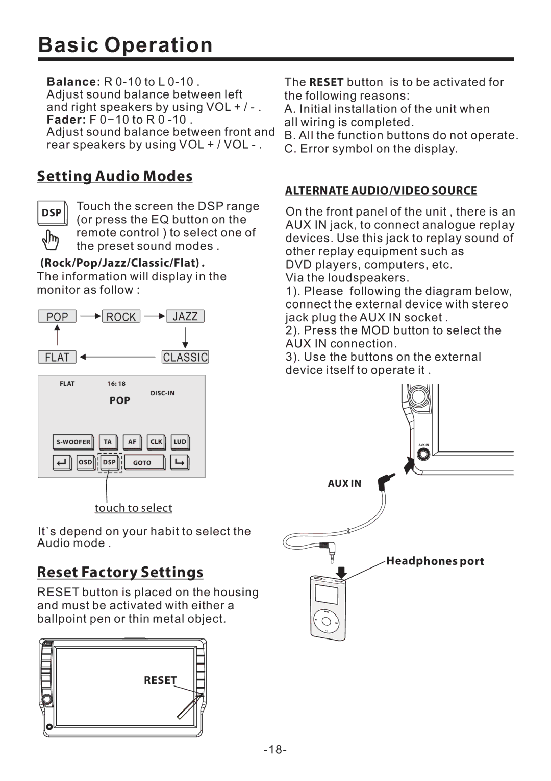 PYLE Audio PLD71MU Setting Audio Modes, Reset Factory Settings, Alternate AUDIO/VIDEO Source, POP Rock Jazz Flat Classic 