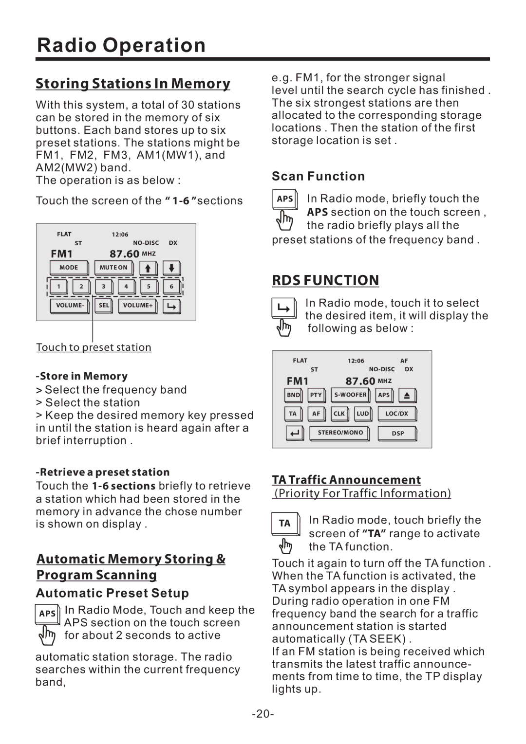 PYLE Audio PLD71MU manual Storing Stations In Memory, Scan Function, Automatic Preset Setup, TA Traffic Announcement 