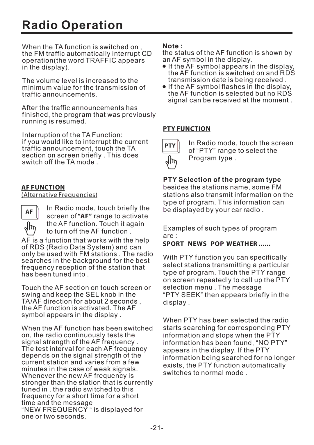 PYLE Audio PLD71MU manual AF Function, PTY Function, Radio mode, touch the screen, Sport News POP Weather 