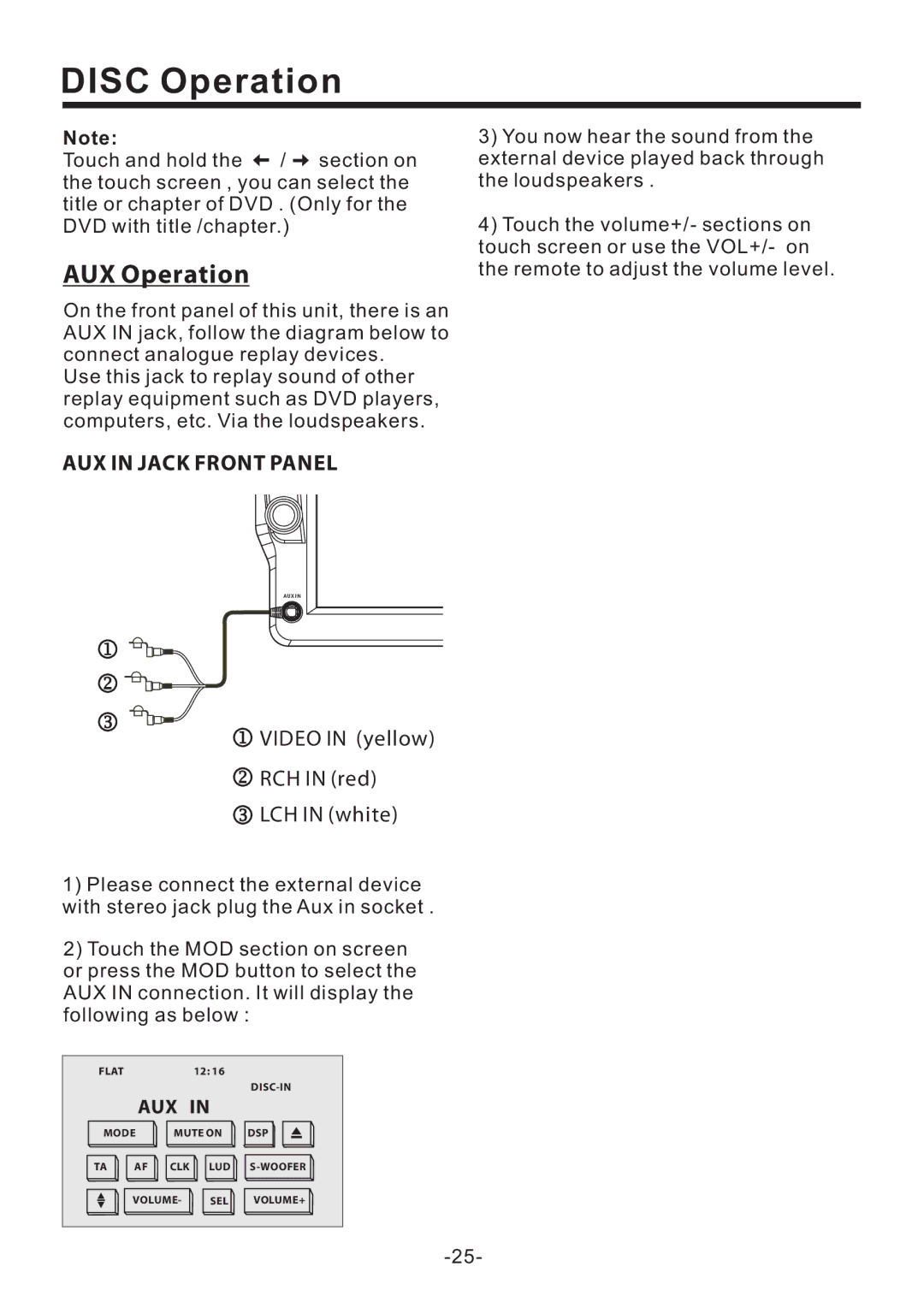 PYLE Audio PLD71MU manual AUX Operation, AUX in Jack Front Panel, Aux 