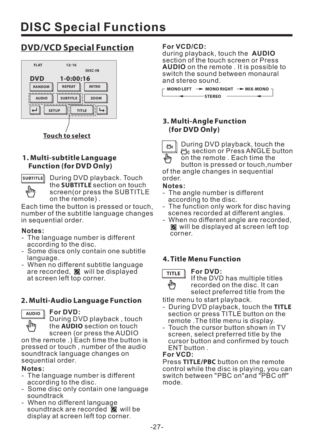 PYLE Audio PLD71MU manual Disc Special Functions, DVD/VCD Special Function 