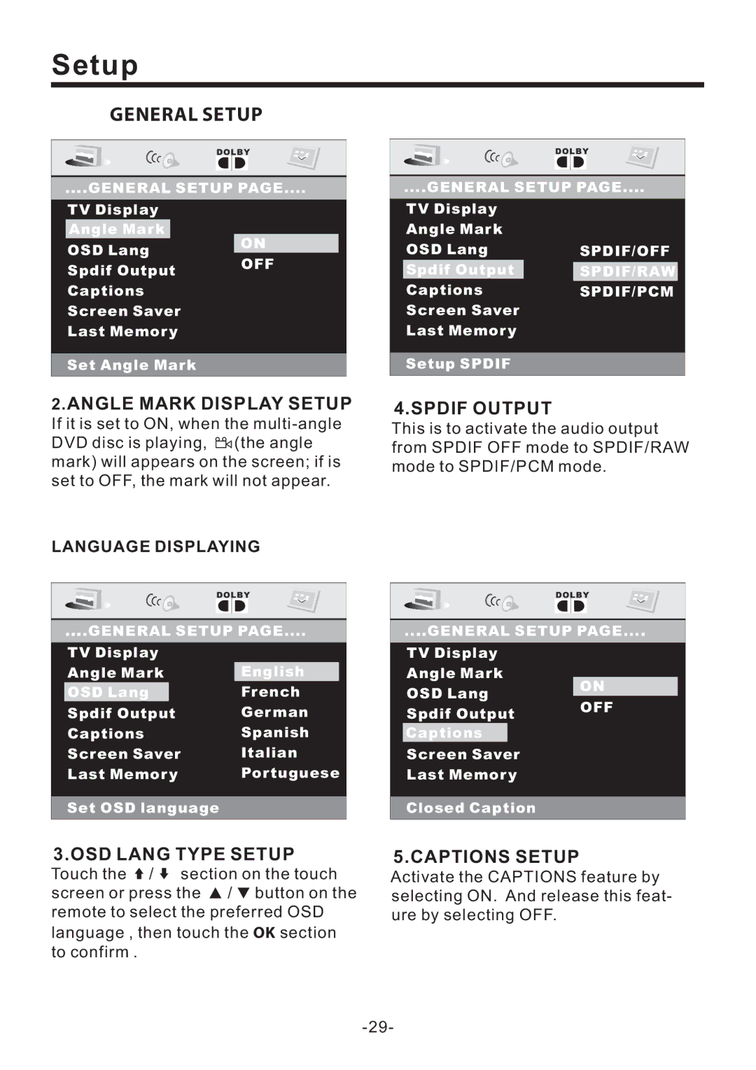 PYLE Audio PLD71MU manual Angle Mark Display Setup, OSD Lang Type Setup, Spdif Output, Captions Setup, Language Displaying 