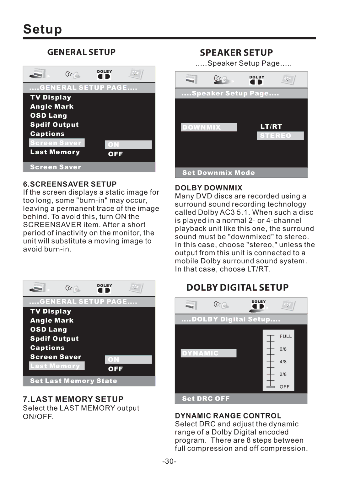 PYLE Audio PLD71MU manual Last Memory Setup, Screensaver Setup, Dolby Downmix, Dynamic Range Control 