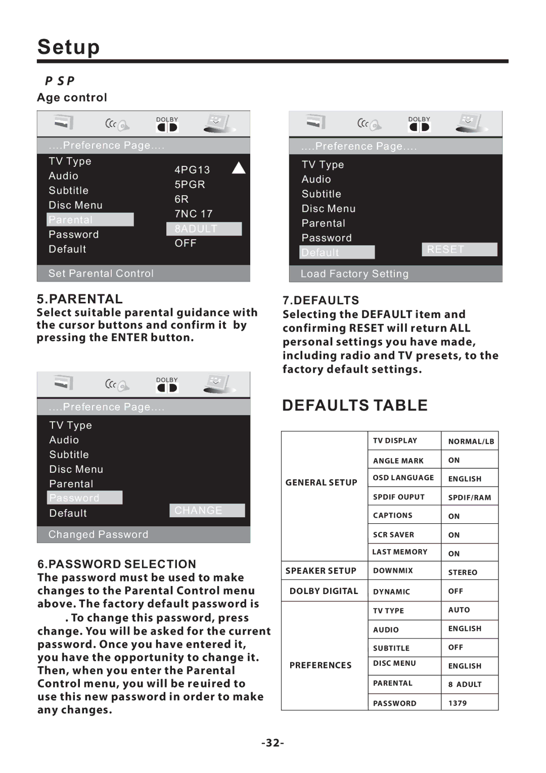 PYLE Audio PLD71MU manual Parental, Age control, Password Selection, Defaults 