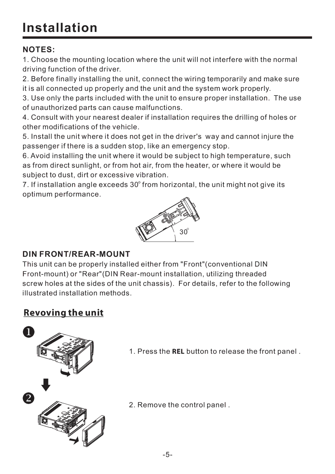 PYLE Audio PLD71MU manual Installation, Revoving the unit, Din Front/Rear-Mount 