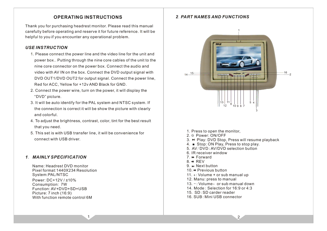 PYLE Audio PLD7HB manual Part Names and Functions, USE Instruction, Mainly Specification 