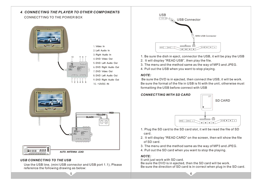 PYLE Audio PLD7HB manual Connecting the Player to Other Components, Connectting to the Power BOX, Usb, SD Card 