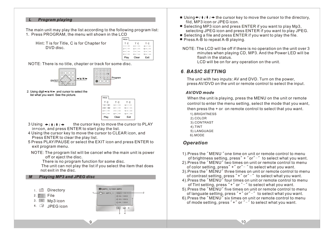 PYLE Audio PLD7HB manual Basic Setting, Program playing, Playing MP3 and Jpeg disc, AV/DVD mode 