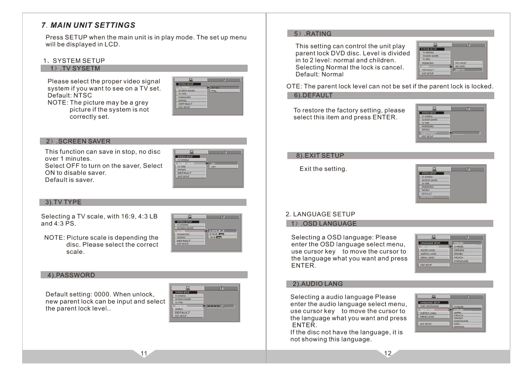 PYLE Audio PLD7HB manual Main Unit Settings 