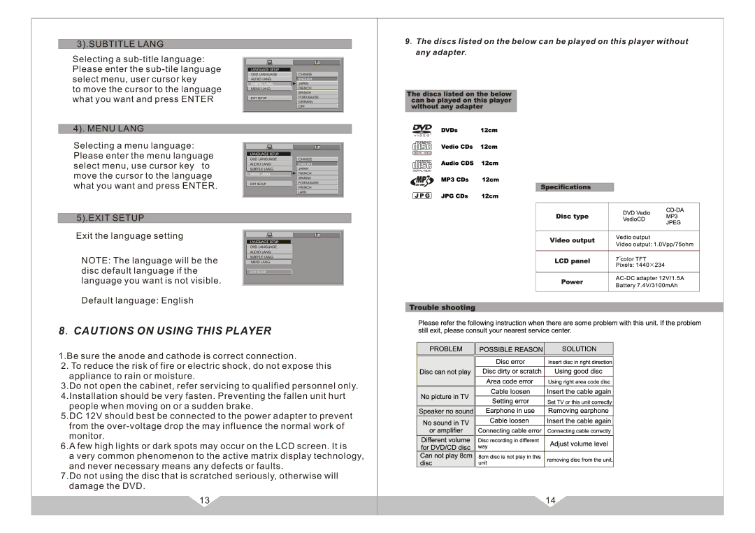 PYLE Audio PLD7HB manual Subtitle Lang, Menu Lang 