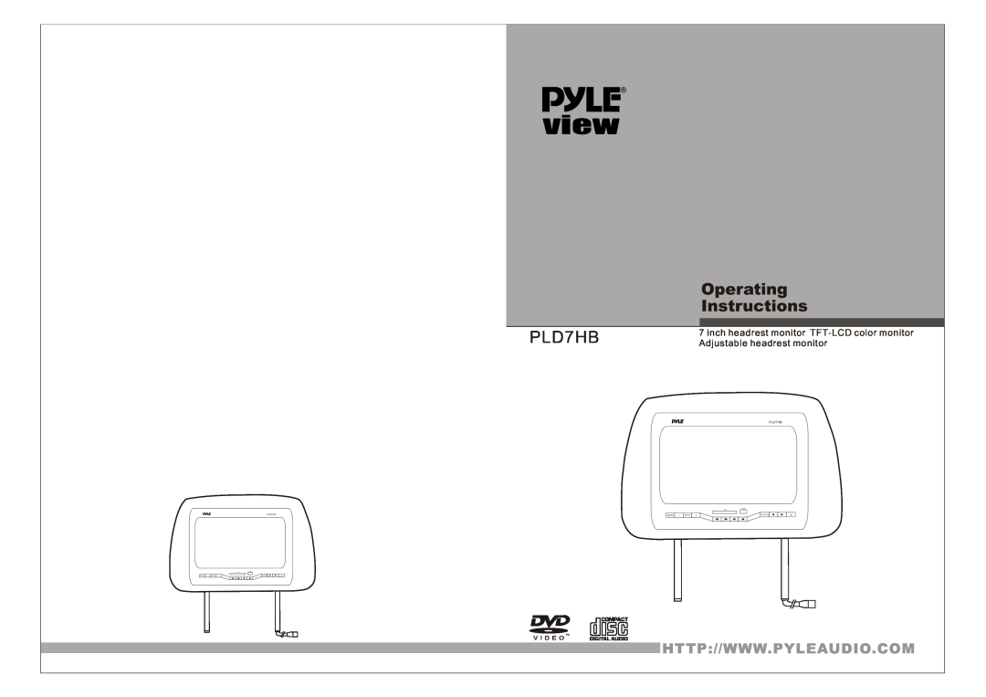 PYLE Audio PLD7HB manual inch headrest monitor TFT-LCD color monitor, Adjustable headrest monitor, PL D7 HB, Mode, Av/Dvd 