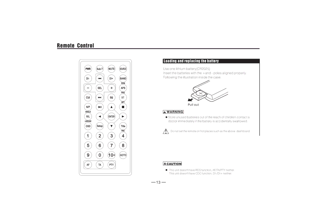 PYLE Audio PLDBT30U manual Remote Control, Loading and replacing the battery 