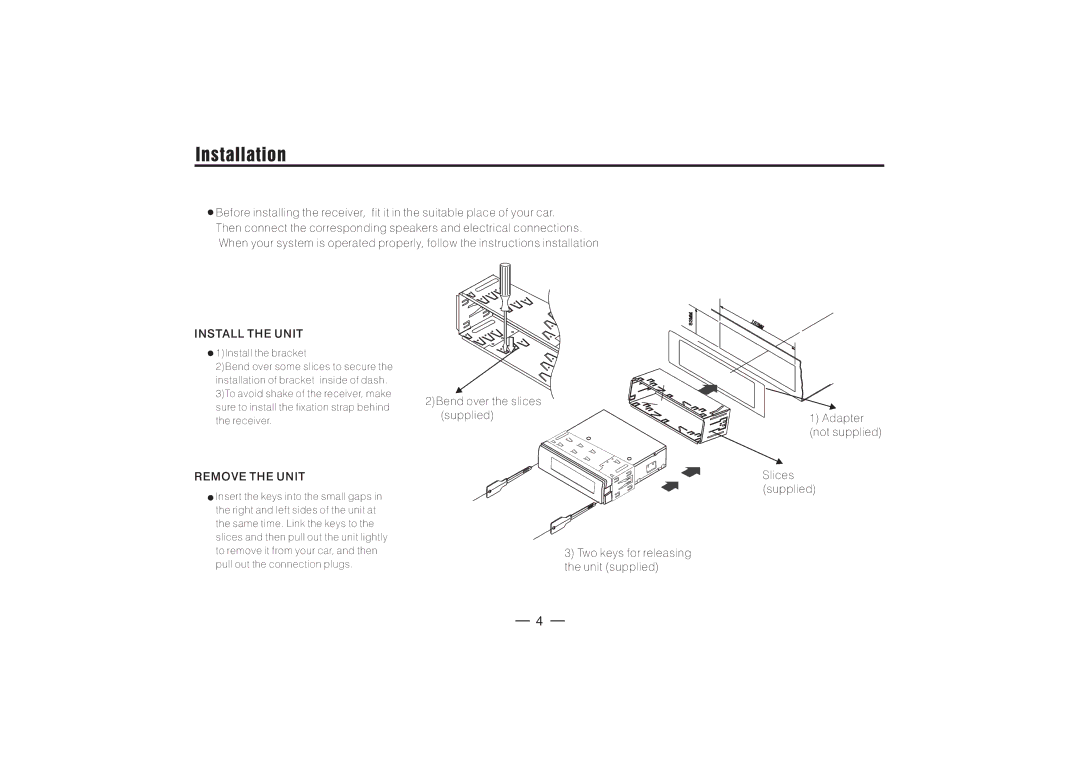 PYLE Audio PLDBT30U manual Installation, Install the Unit, Remove the Unit 