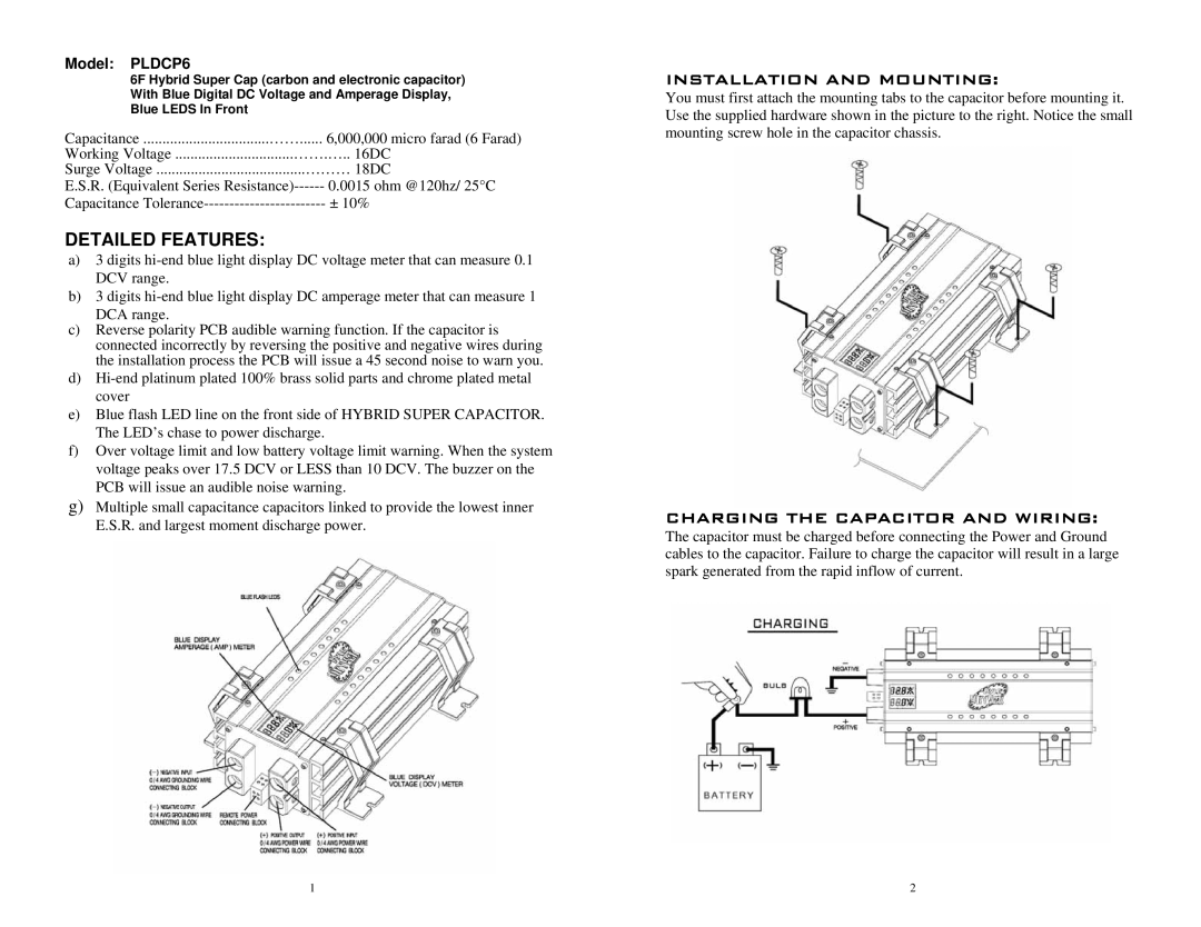 PYLE Audio manual Detailed Features, Installation and Mounting, Charging the Capacitor and Wiring, Model PLDCP6 