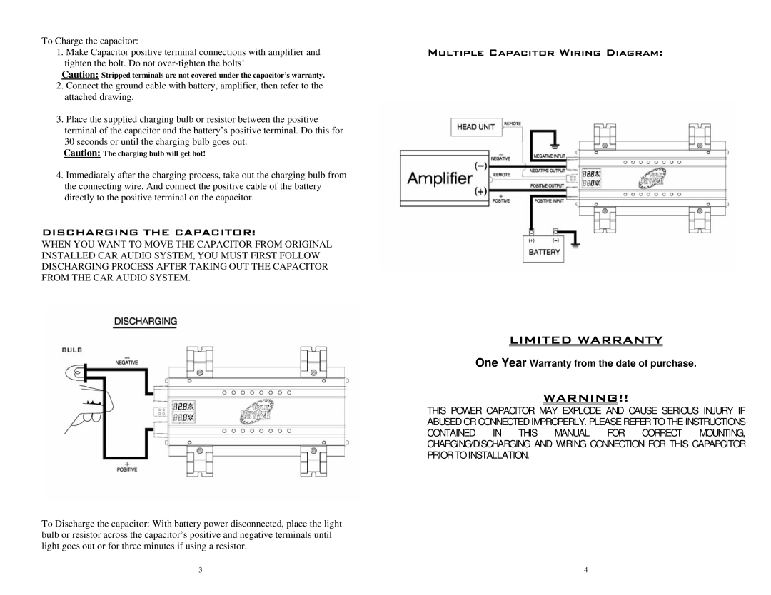 PYLE Audio PLDCP6 manual Limited Warranty, Discharging the Capacitor, One Year Warranty from the date of purchase 