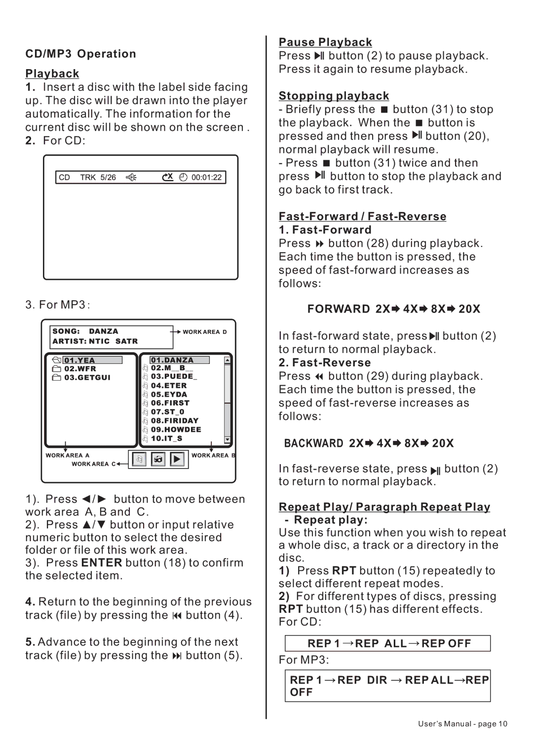 PYLE Audio PLDF23 owner manual CD/MP3 Operation Playback, Pause Playback, Stopping playback, Fast-Forward / Fast-Reverse 